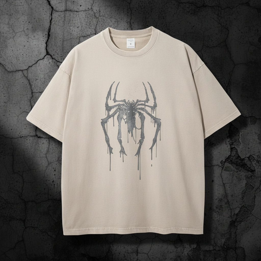 Beige t-shirt with distressed spider on dark background