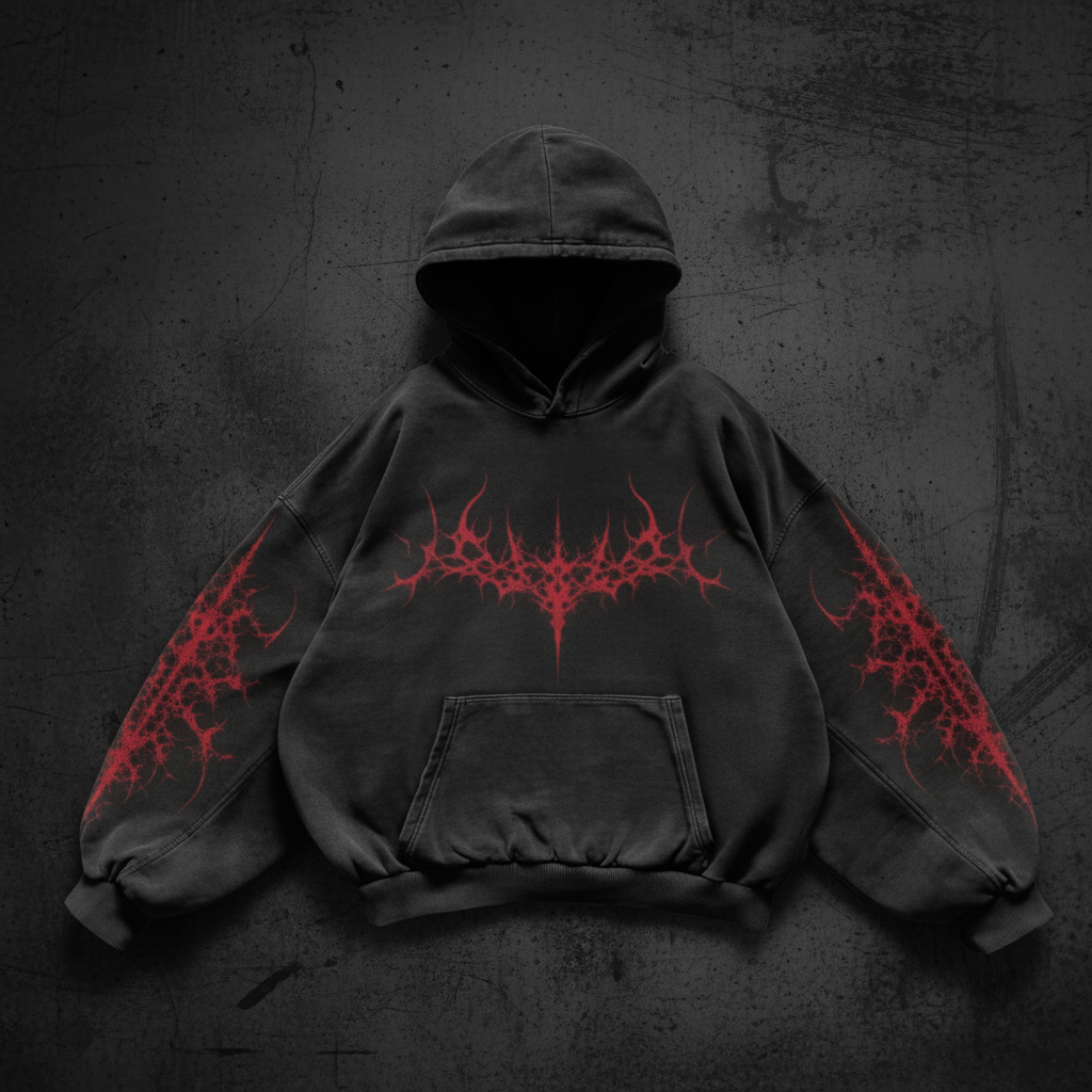 Black hoodie with red tribal spikes on dark background
