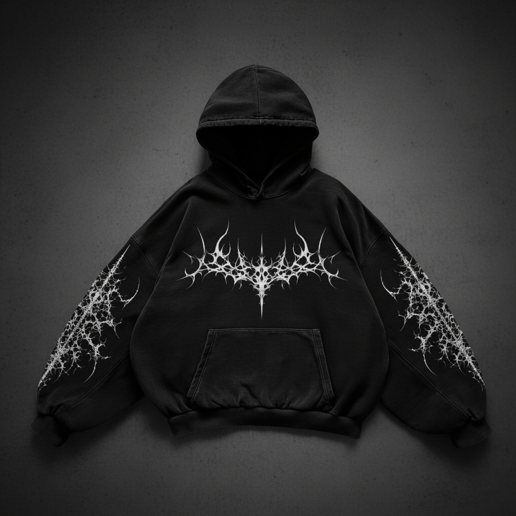 Black hoodie with white tribal spikes on dark background