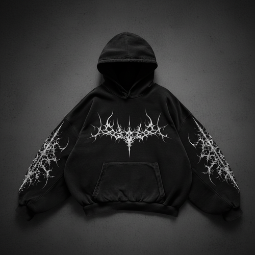 Black hoodie with white tribal spikes on dark background
