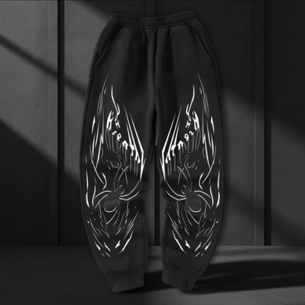 Black joggers with white dragon flames on dark background