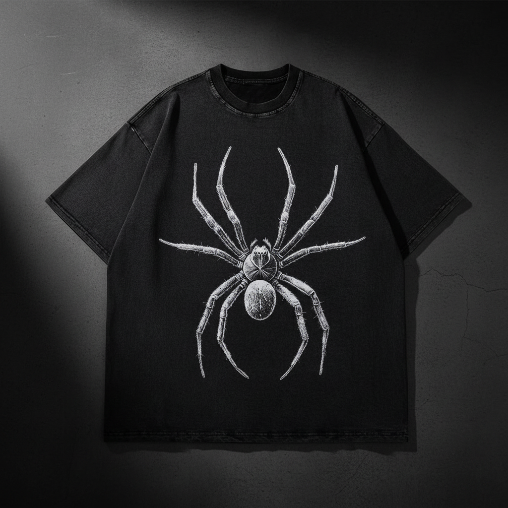 Black oversized t-shirt with realistic spider on dark background
