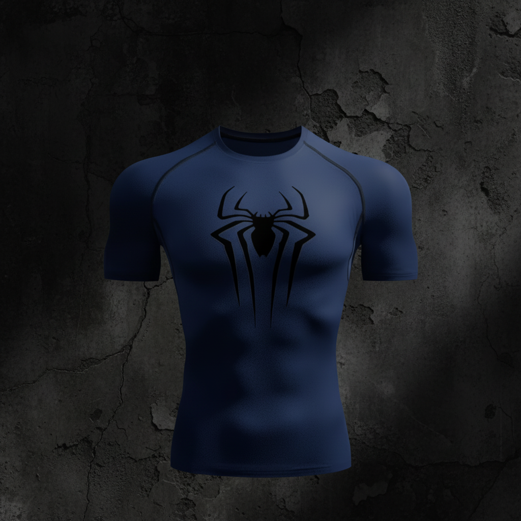 Blue spider compression shirt with dark background
