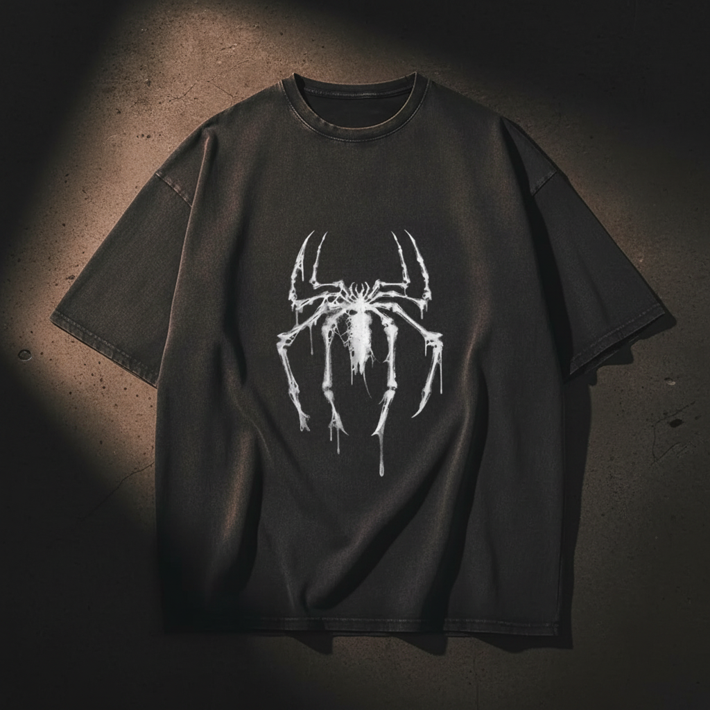 Dark grey t-shirt with distressed spider on dark background