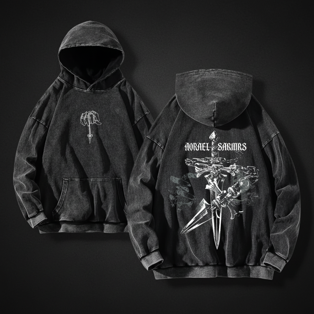 Dark grey vintage washed hoodie with dagger and chained sword on dark background