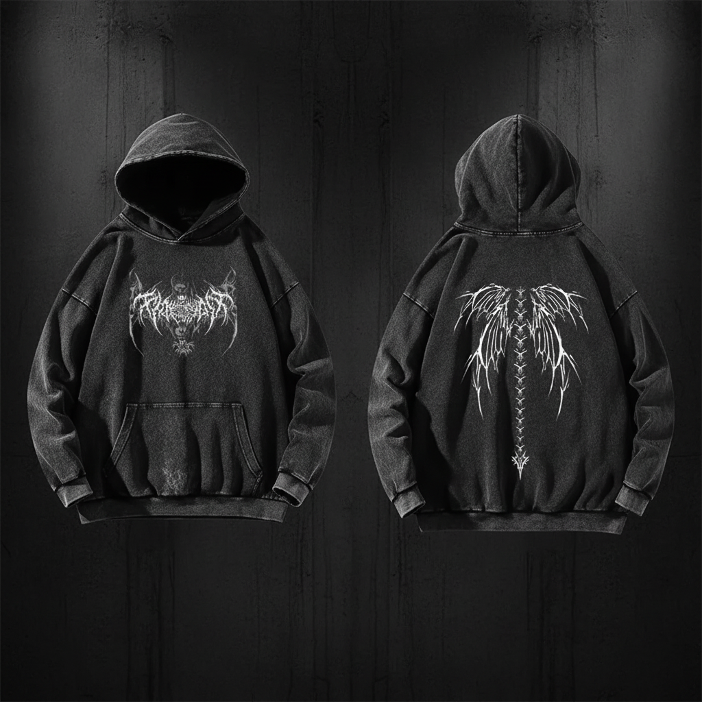 Dark grey vintage washed hoodie with gothic text and angel wings on dark background