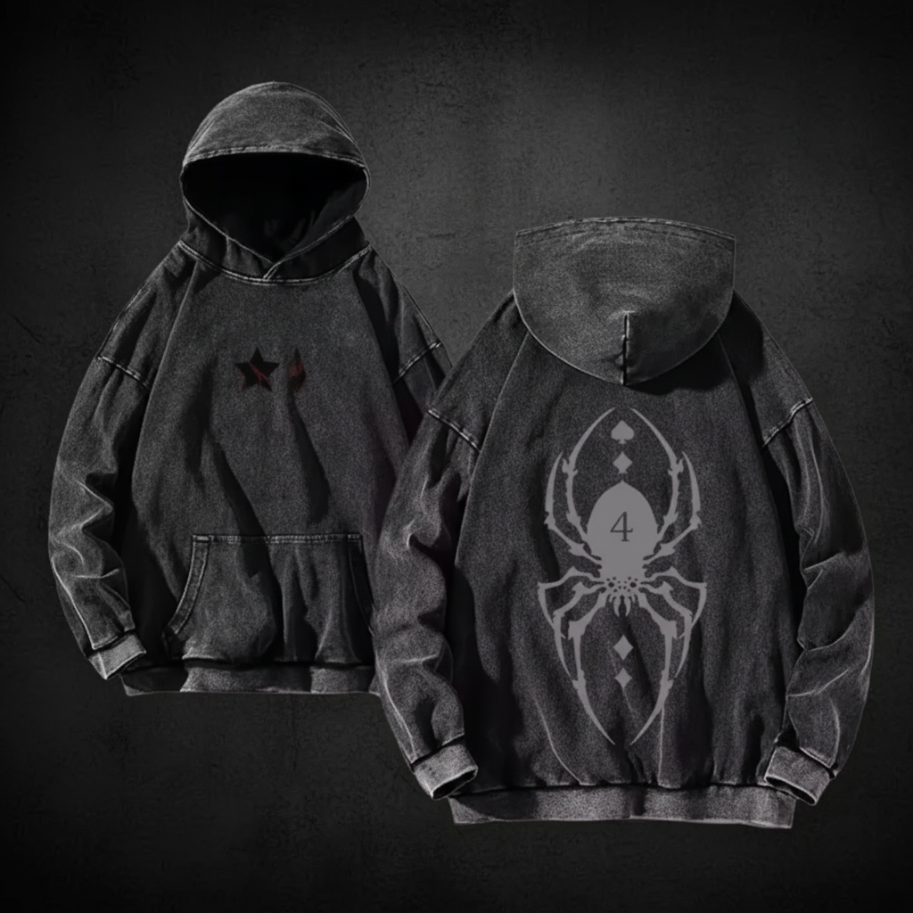 Dark grey vintage washed hoodie with spider and card suits on dark background