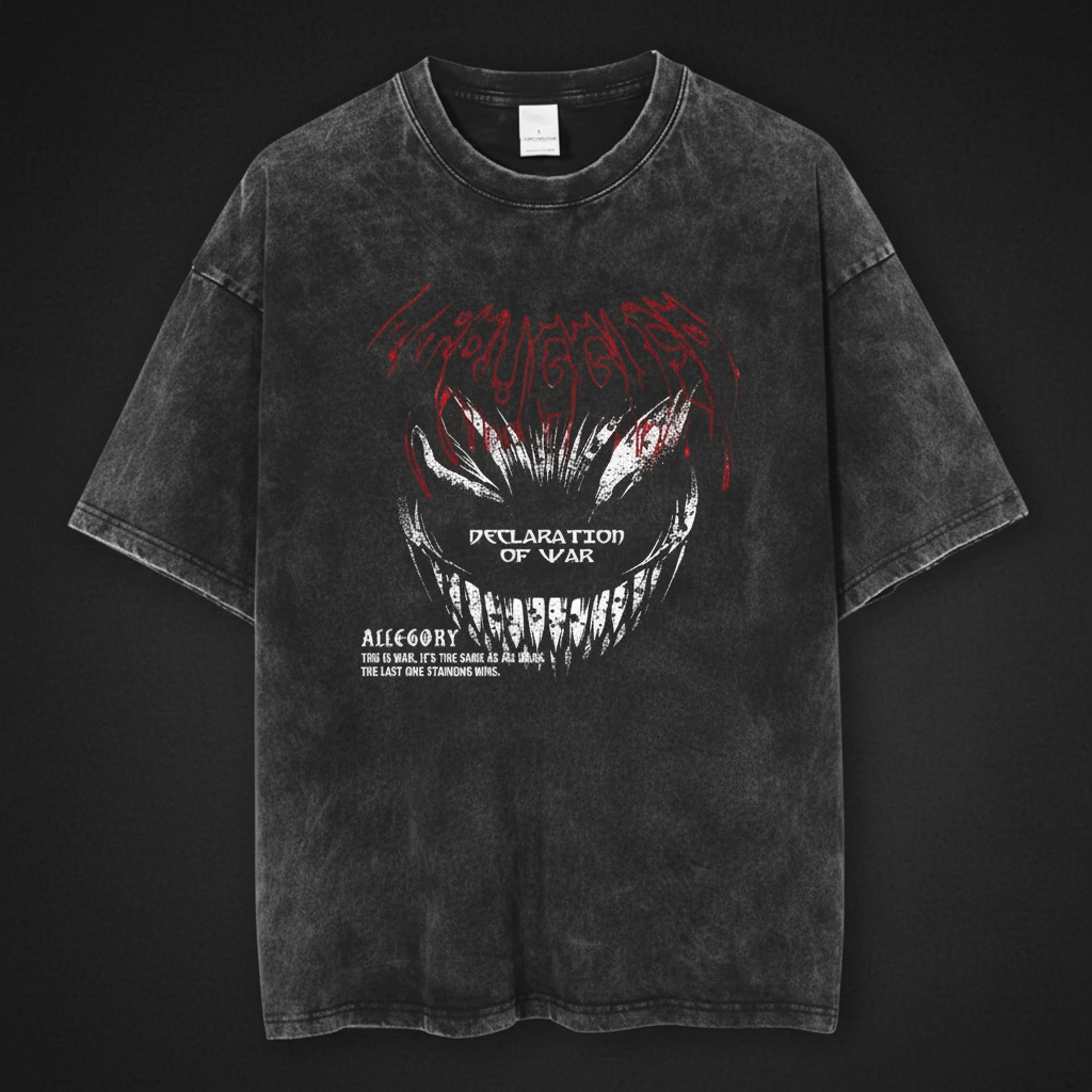 Dark grey vintage washed t-shirt with sinister face on dark background