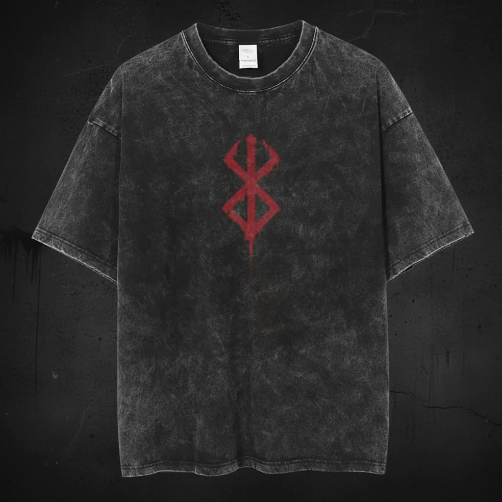 Dark washed t-shirt with red symbol on dark background