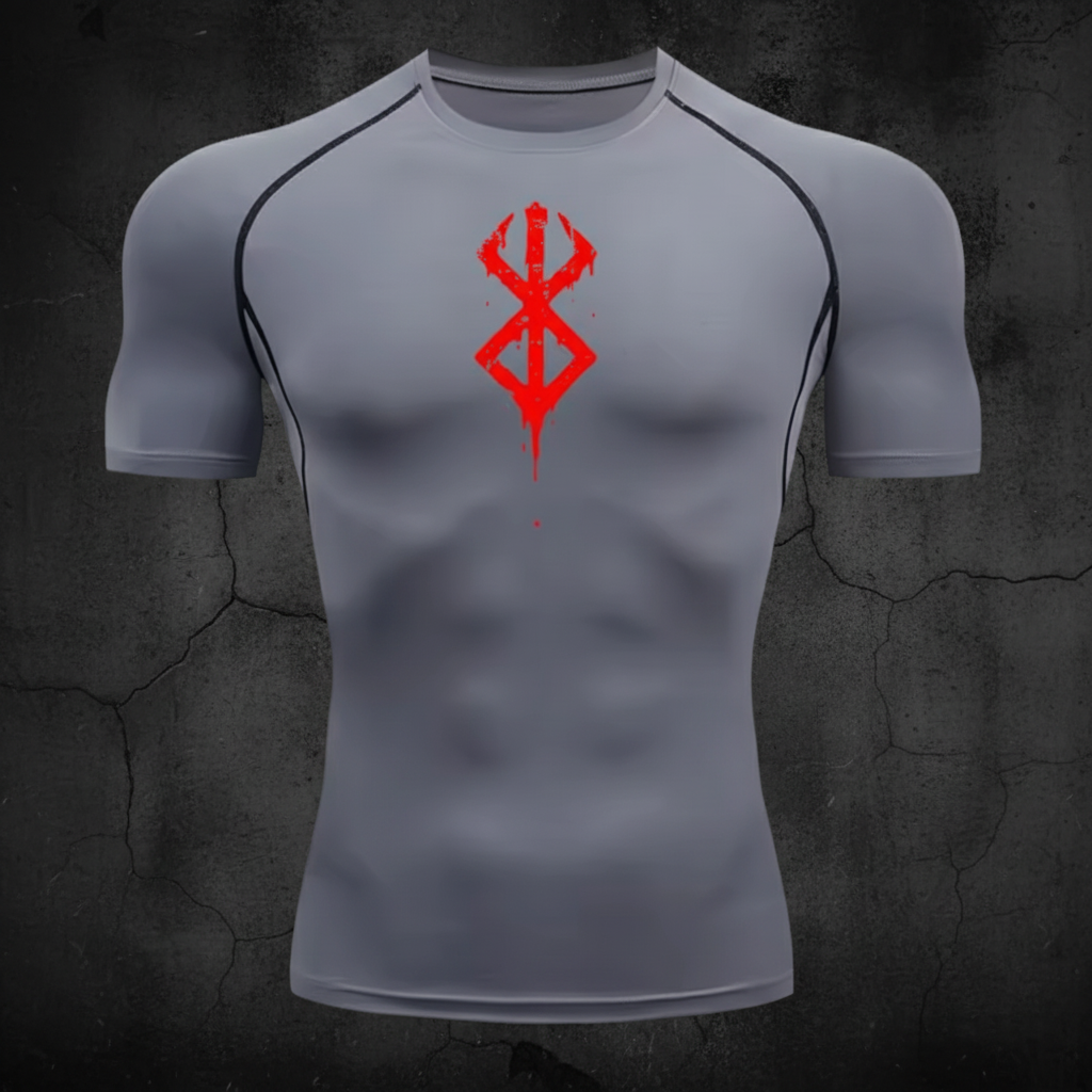 Grey compression shirt with red symbol on dark background
