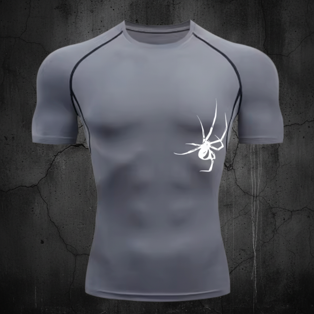 Grey compression shirt with white spider on dark background
