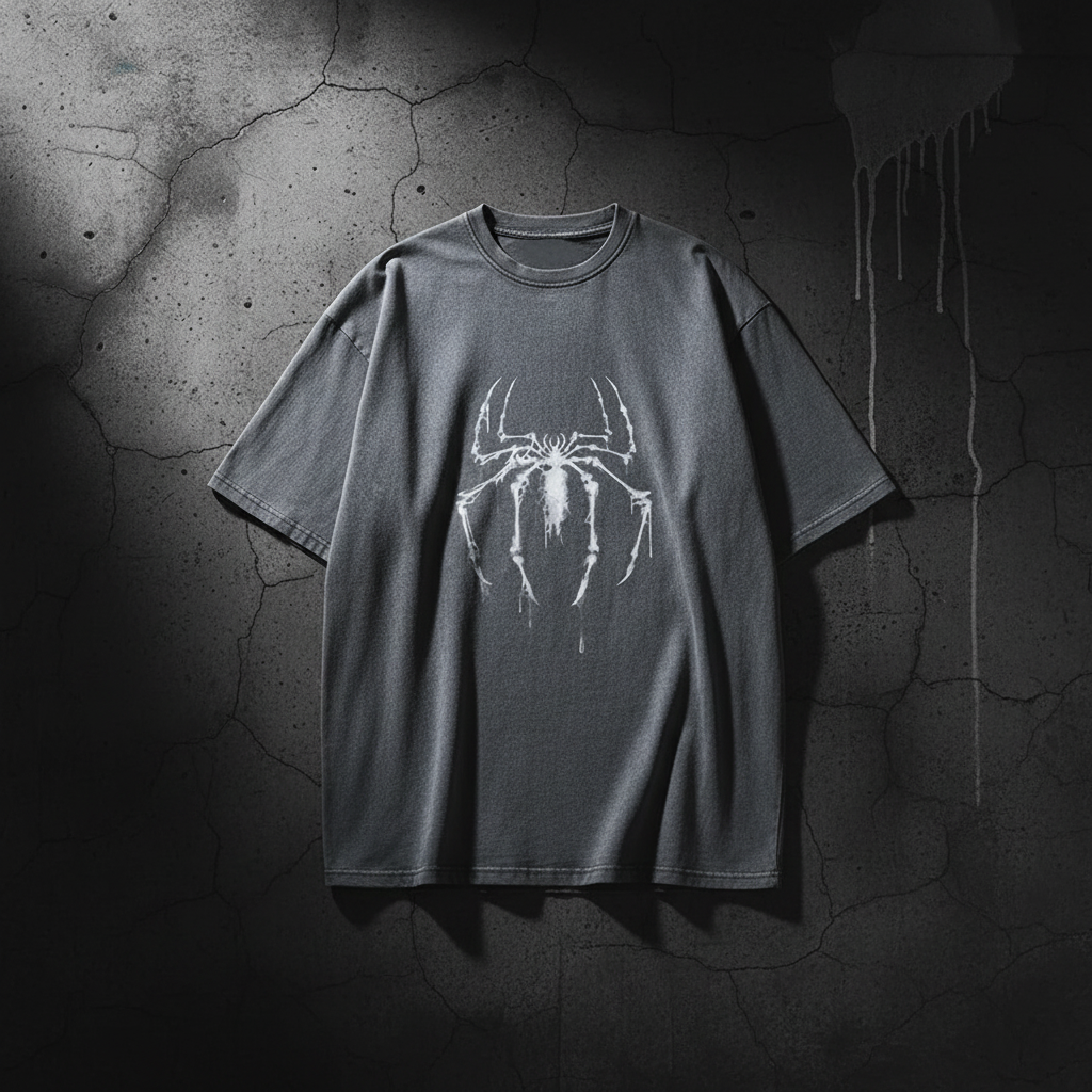 Grey t-shirt with distressed spider on dark background