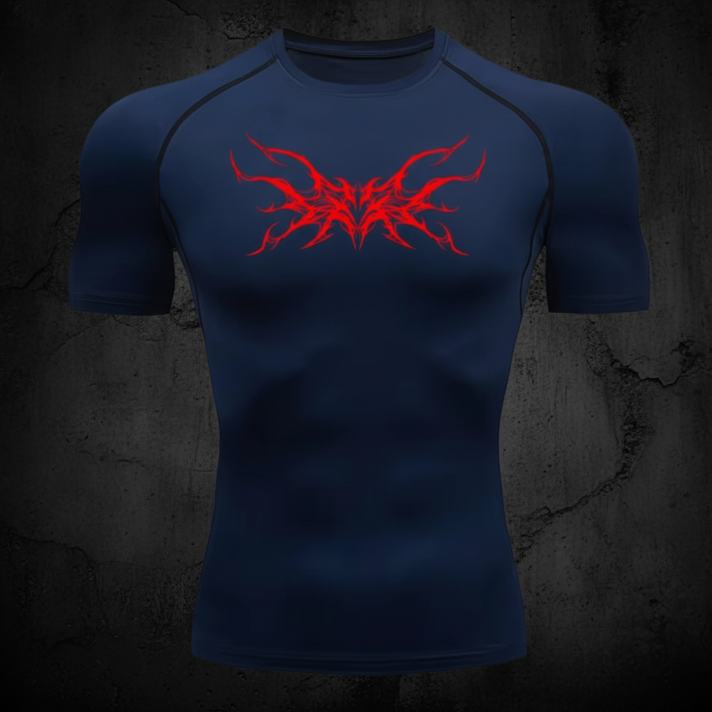 Navy blue compression shirt with red tribal wings on dark background