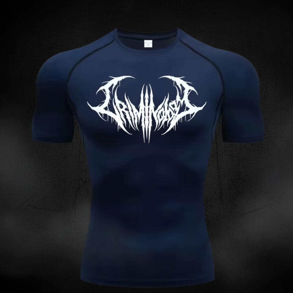 Navy blue compression shirt with white gothic wings