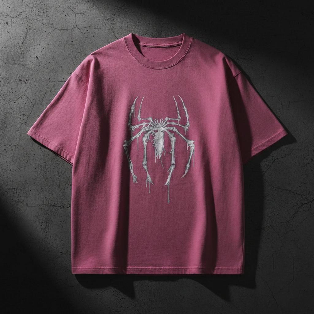Pink t-shirt with distressed spider on dark background