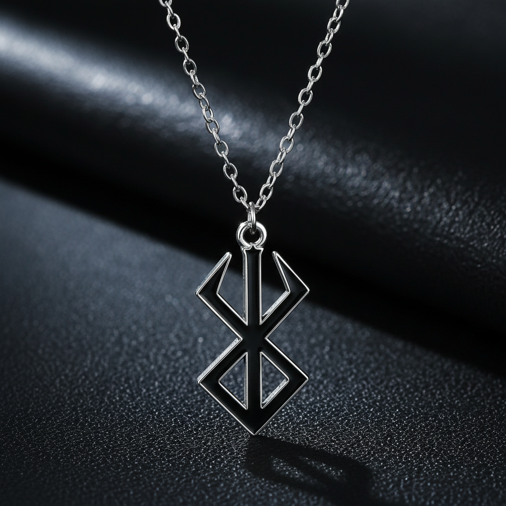 Silver geometric symbol necklace with black enamel on dark background
