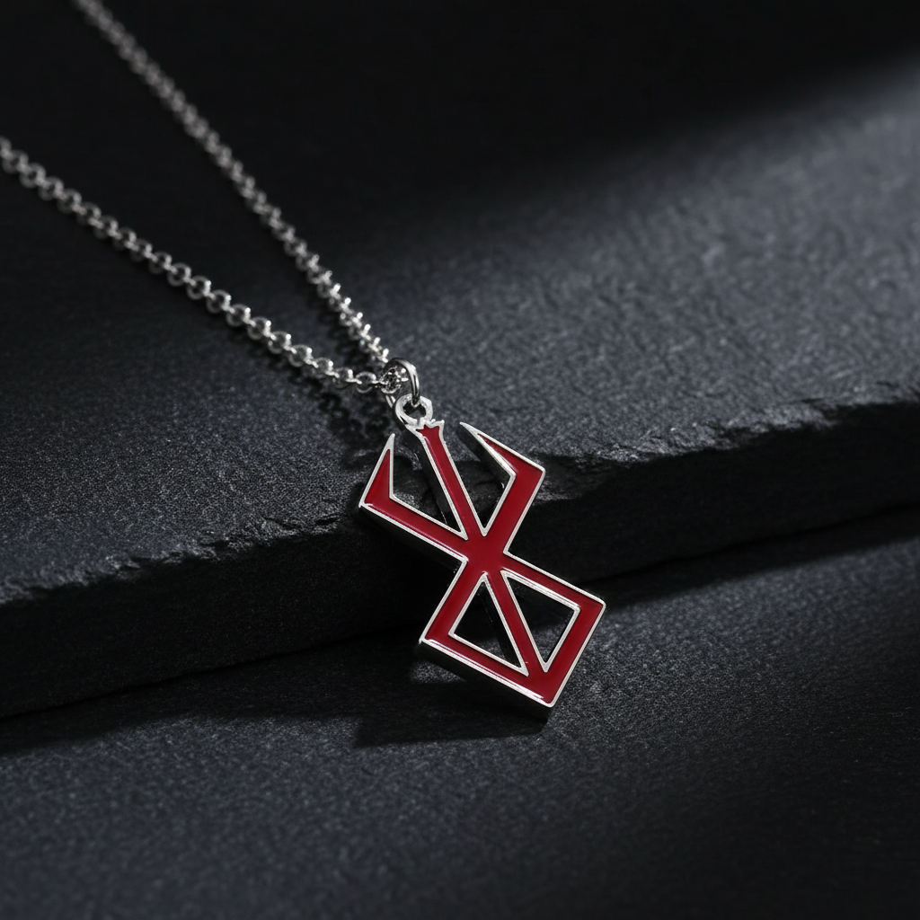 Silver geometric symbol necklace with red enamel on dark background