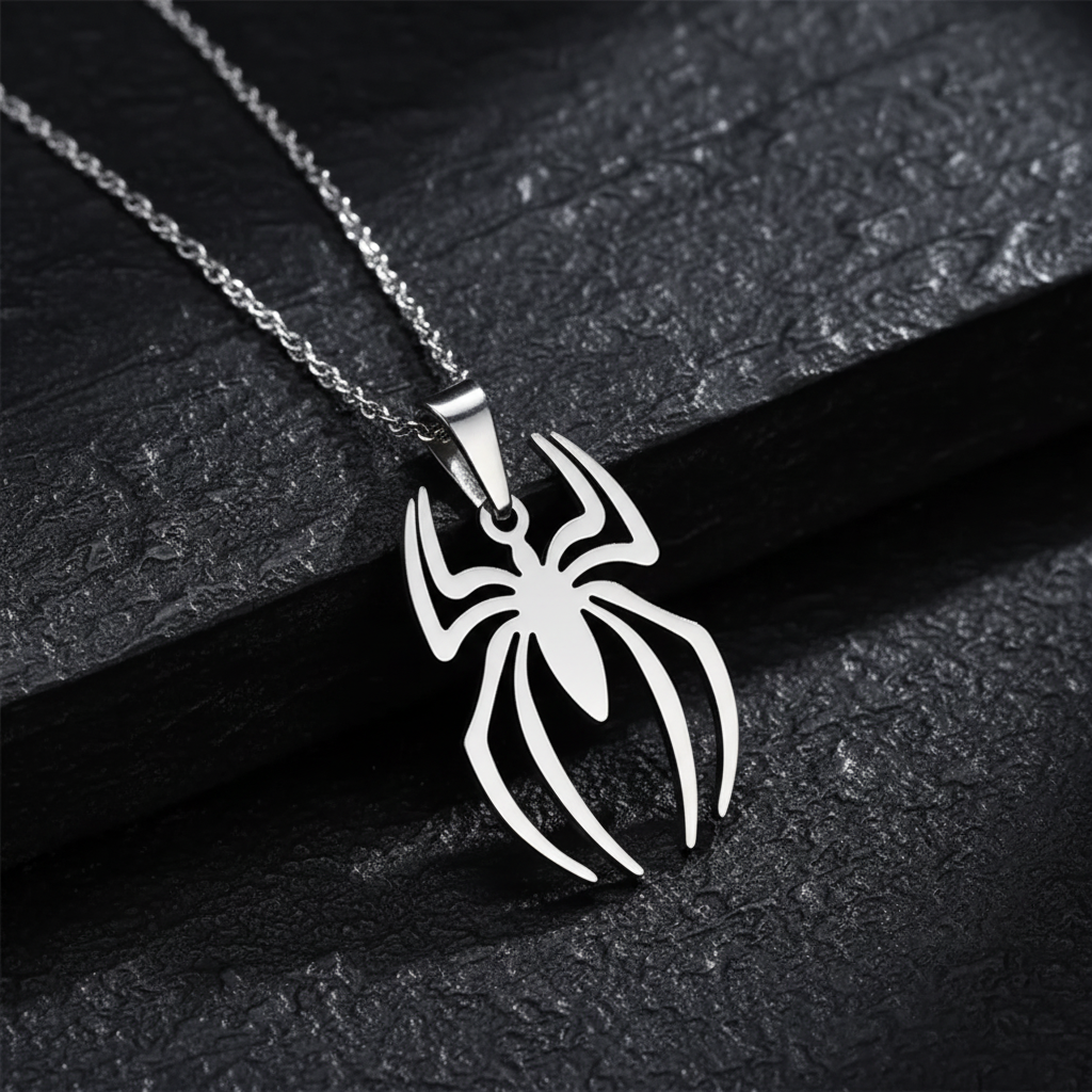 Silver spider pendant necklace with light chain on dark background