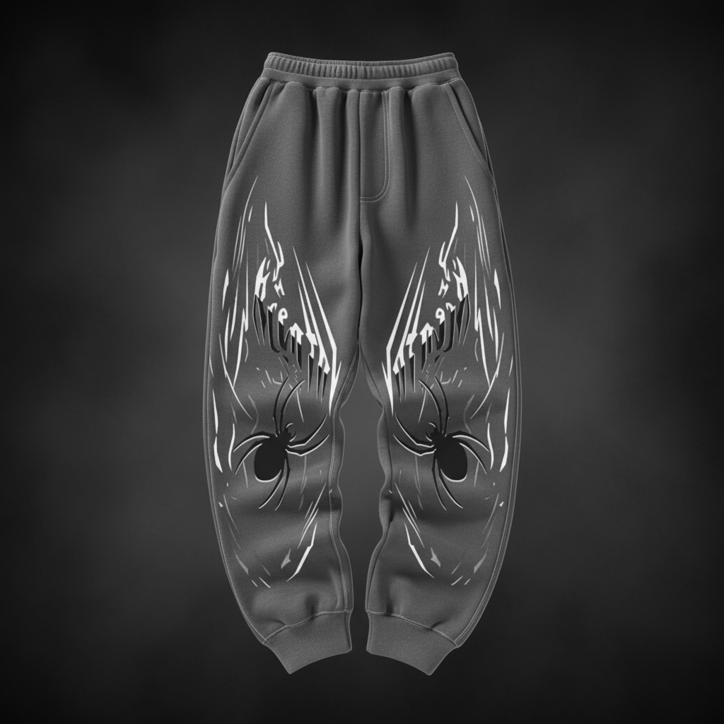 Ultra high-quality grey joggers with white dragon flames on dark background