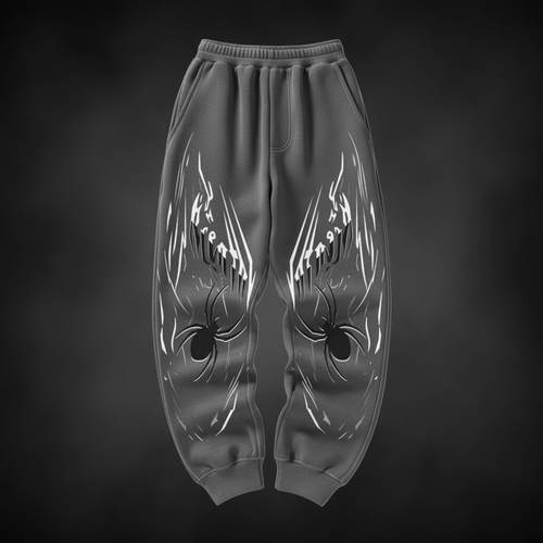 Ultra high-quality grey joggers with white dragon flames on dark background