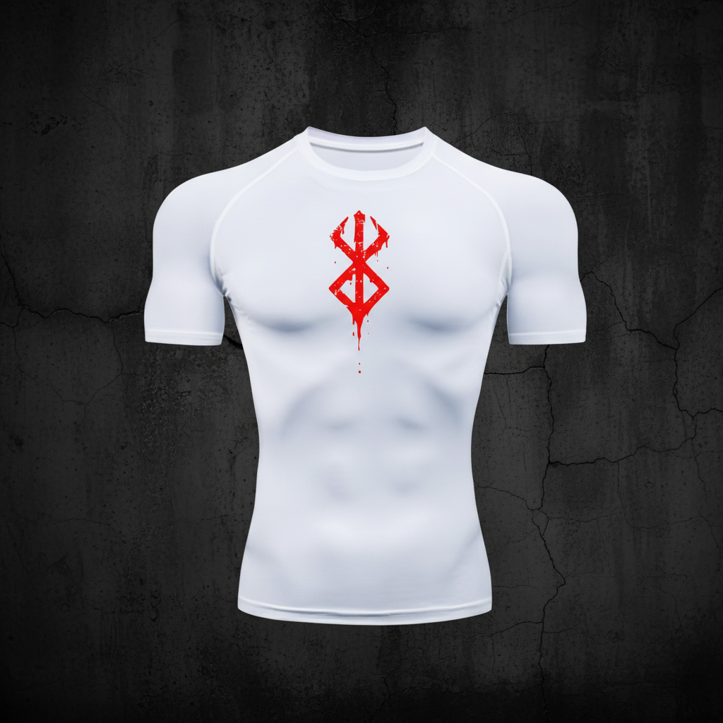 White compression shirt with red symbol on dark background