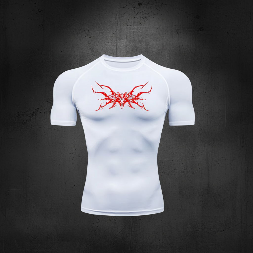 White compression shirt with red tribal wings on dark background