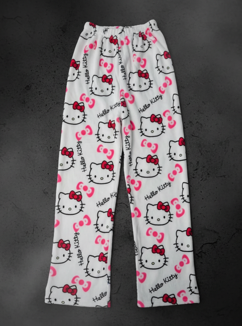White Hello Kitty pyjama bottoms on dark background
