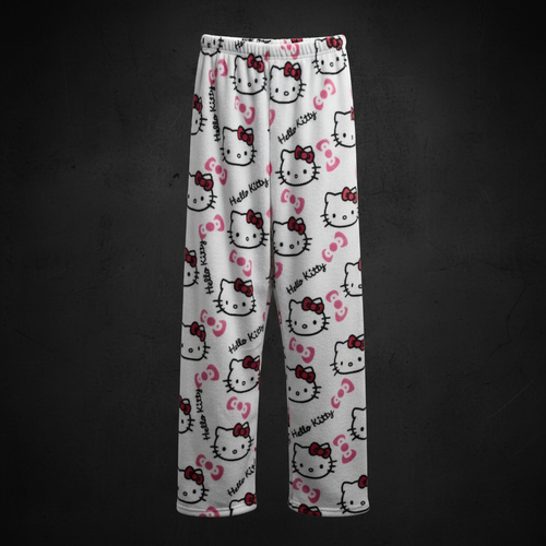 White Hello Kitty pyjama bottoms on dark background