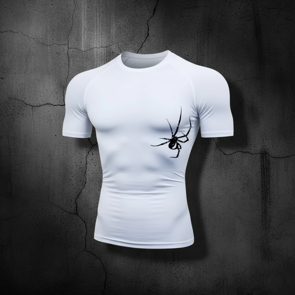 White spider compression shirt with dark background